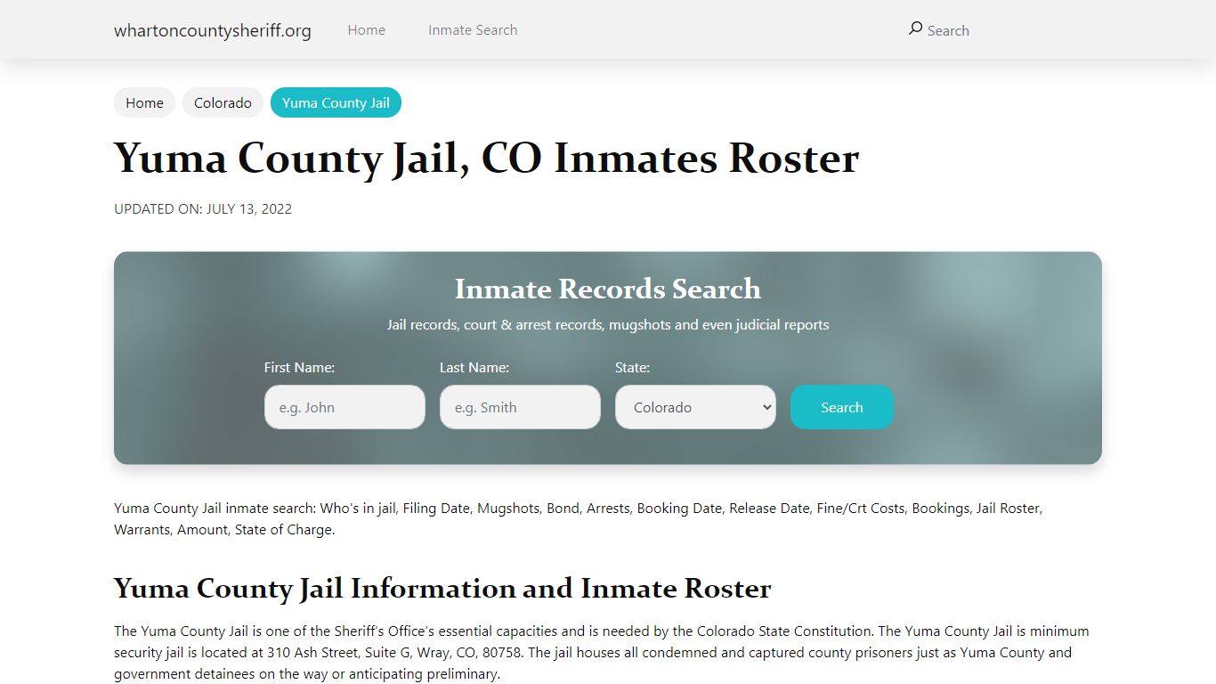 Yuma County Jail, CO Jail Roster, Name Search